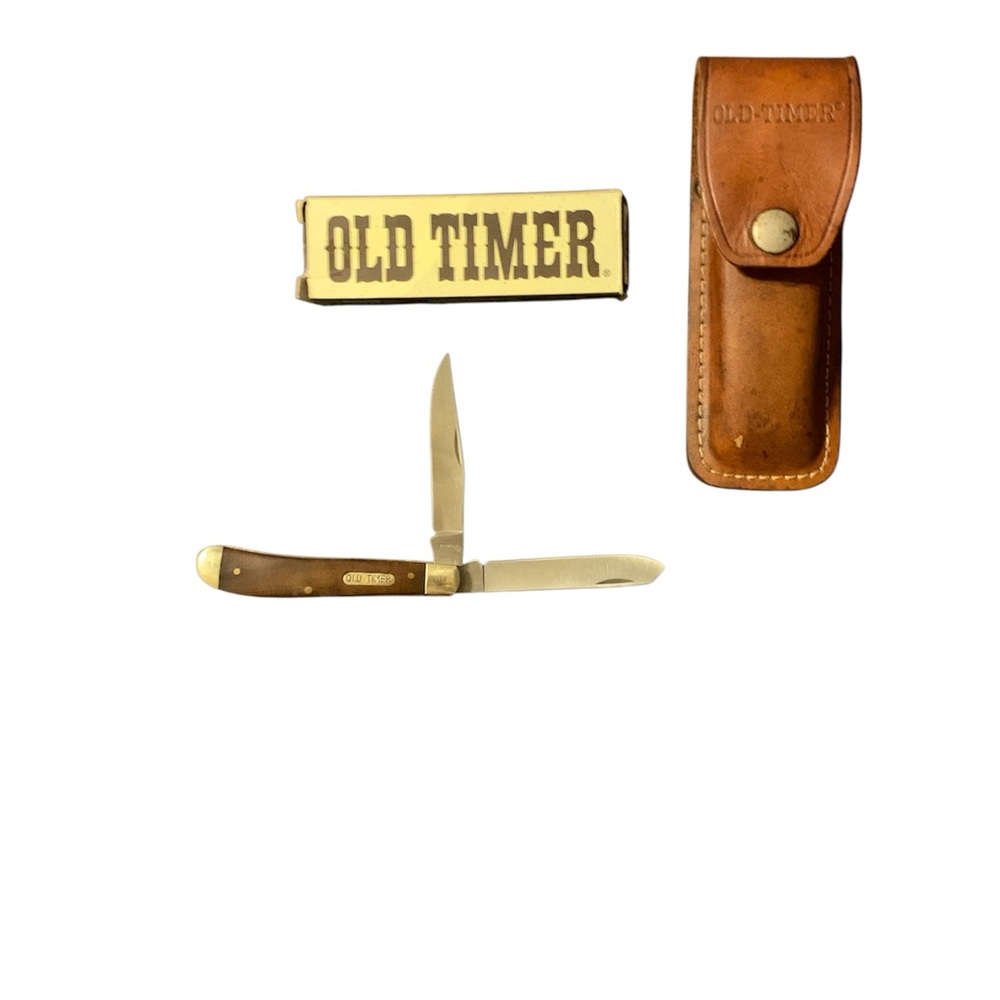 Classic Vintage Old Timer Brown Pocket Knife and Vintage Leather Sheath used